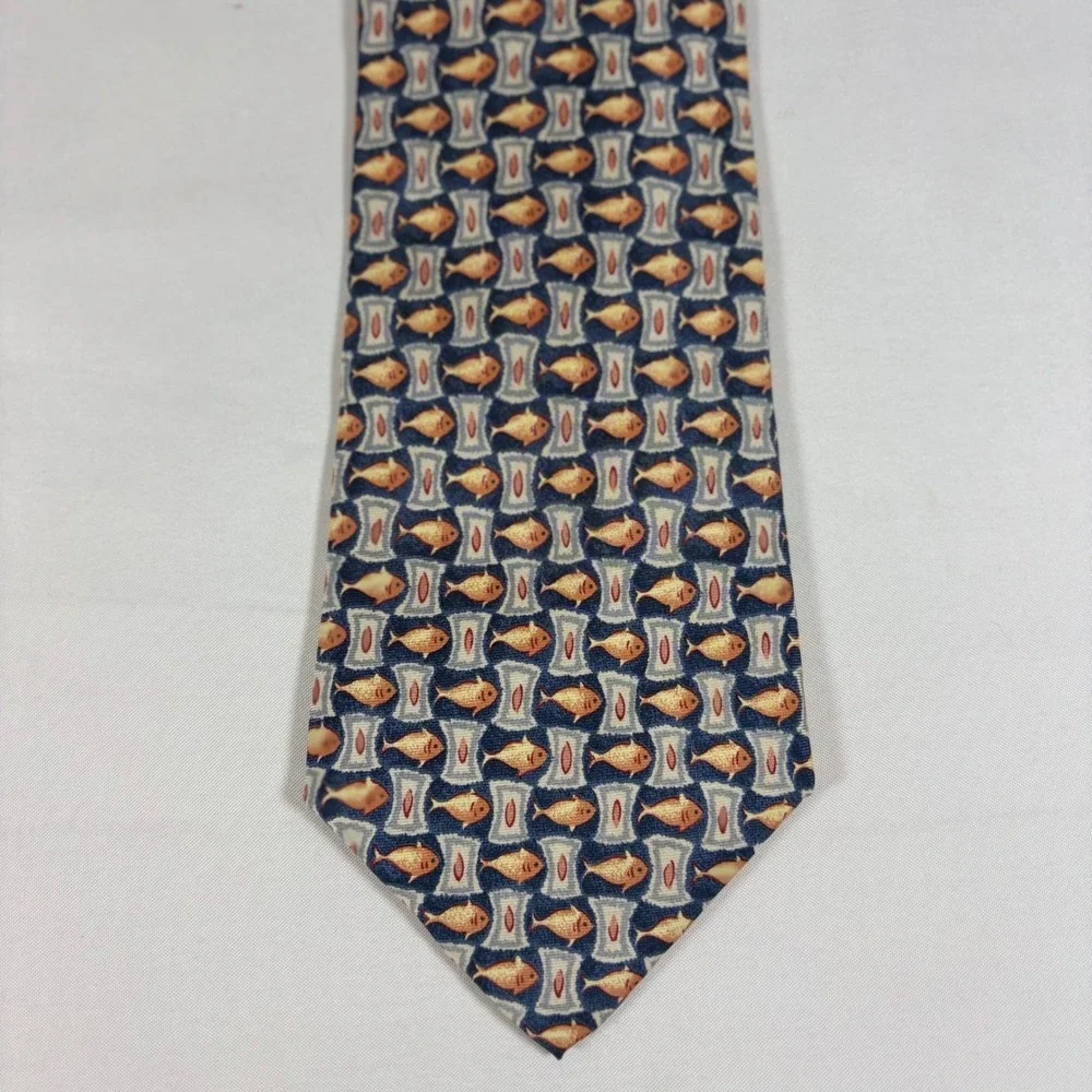 Vintage 90s Banana Republic Silk Fish Tie Navy Orange Novelty Tie Grandpacore